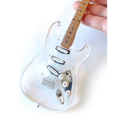 Clear Axe Heaven mini guitar with stand, acrylic Fender Strat