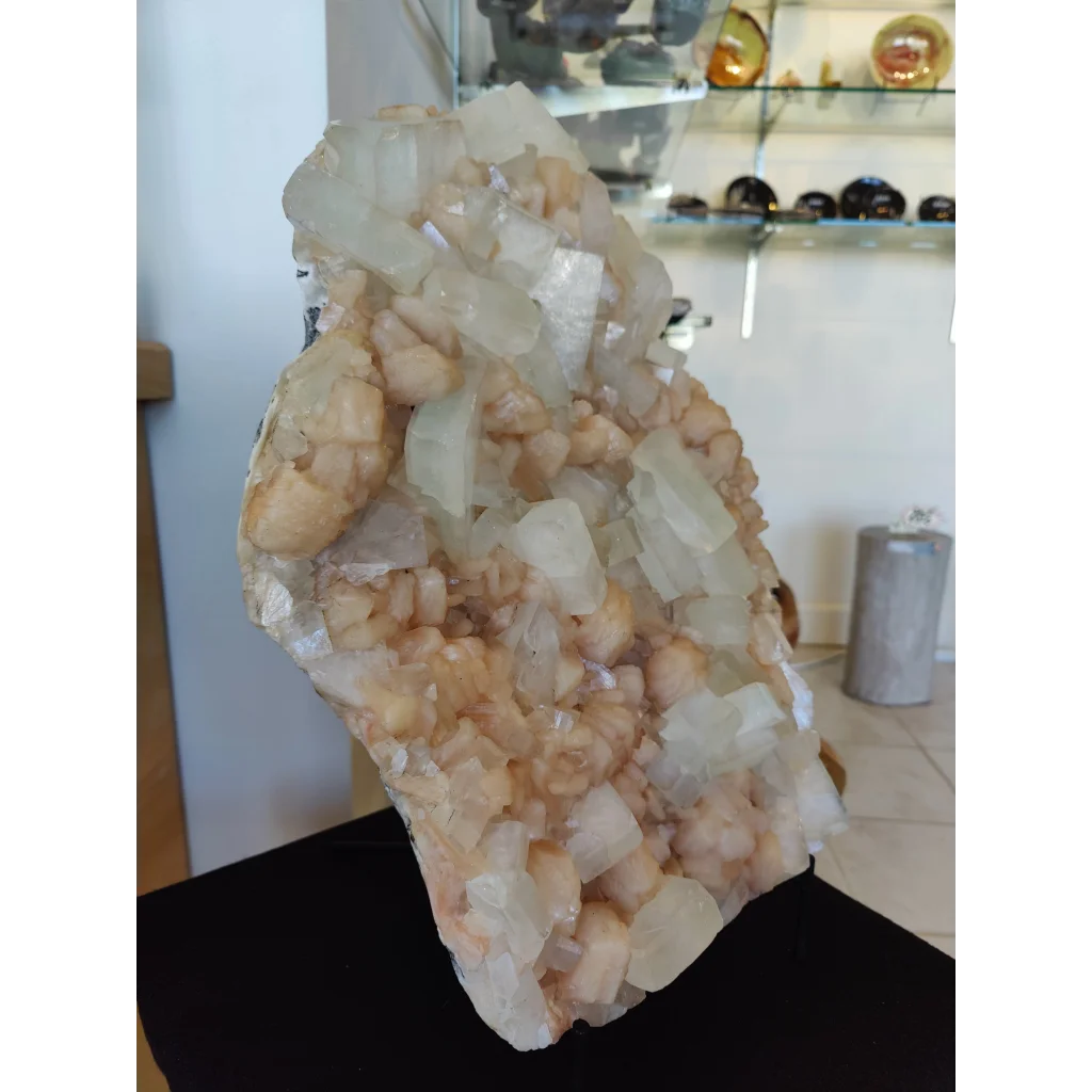 Clear apophyllite cubes with peach stilbite geode specimen 12.9kg