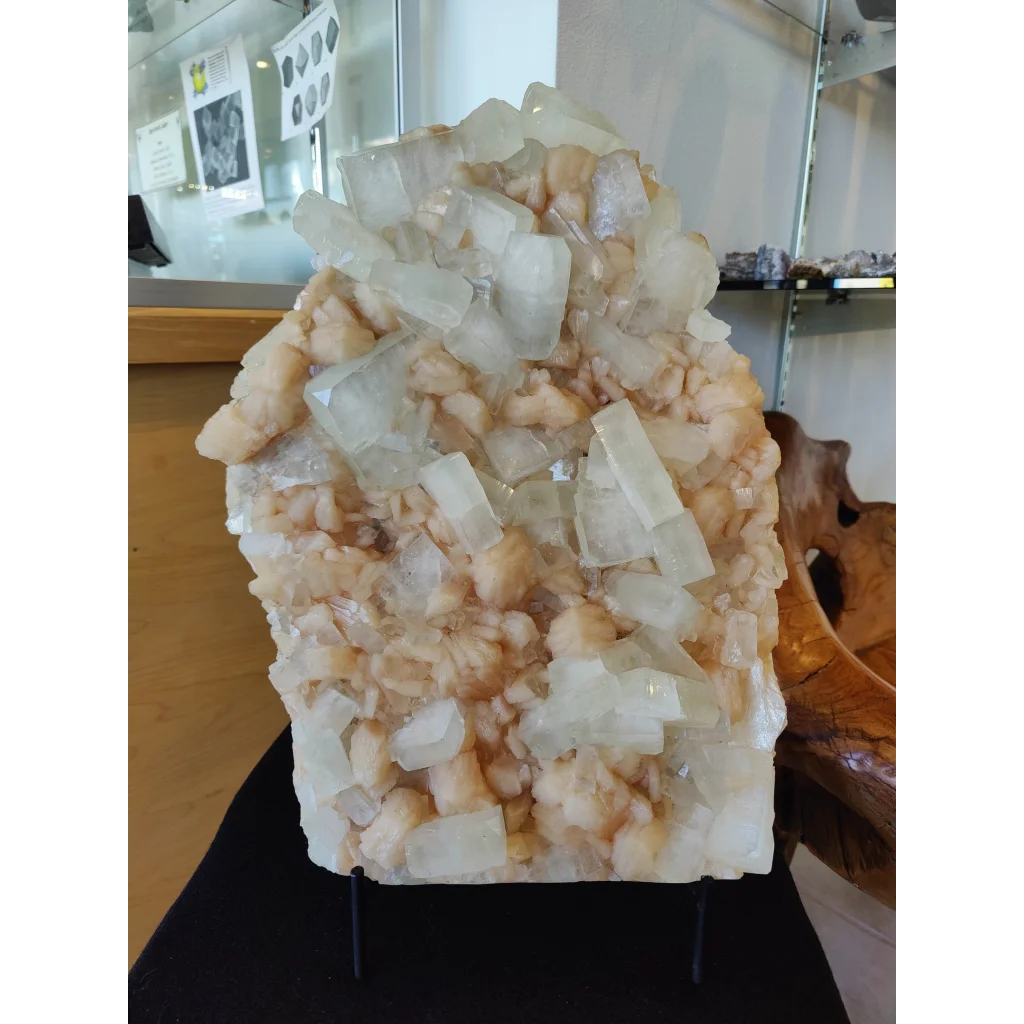 Clear apophyllite cubes with peach stilbite cluster, 12.9kg specimen
