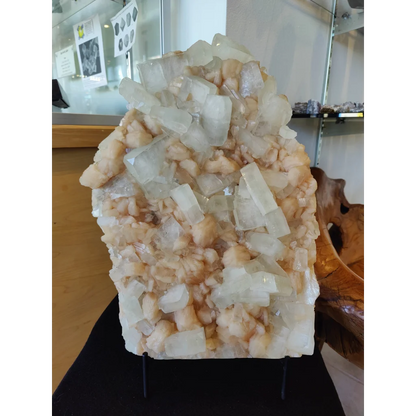 Clear apophyllite cubes with peach stilbite cluster, 12.9kg specimen