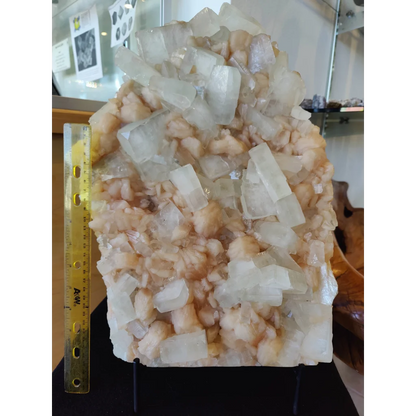 Clear apophyllite cubes with peach stilbite geode specimen, 12.9kg