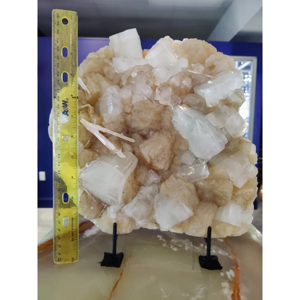 Clear apophyllite cubes with stilbite and scolecite geode specimen