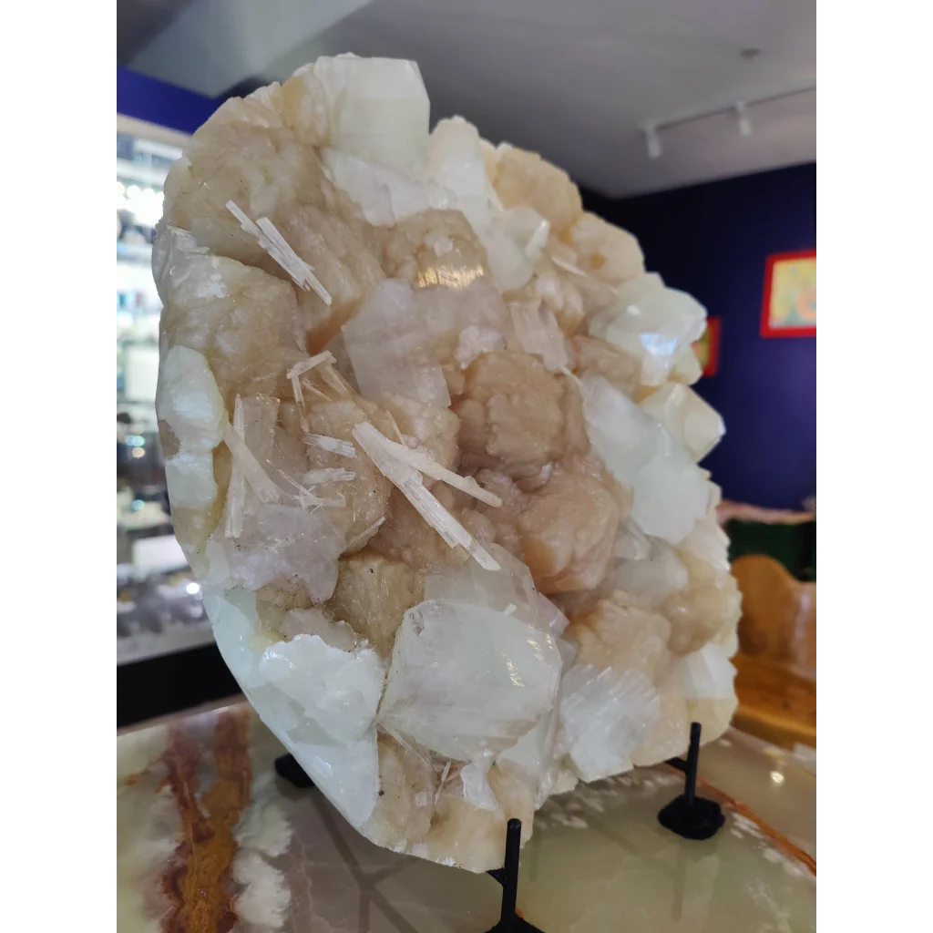 Clear apophyllite cubes with stilbite and scolecite geode specimen 7,245g