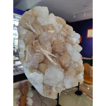 Clear apophyllite cubes with stilbite and scolecite geode specimen 7,245g
