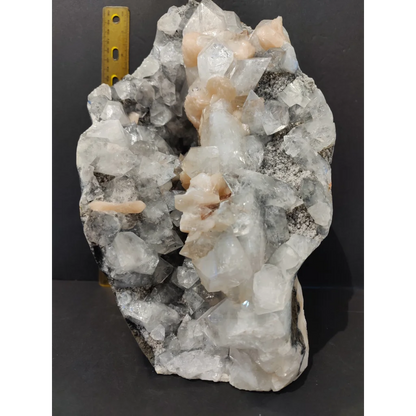 Clear apophyllite with peach stilbite cabinet specimen 7,825g