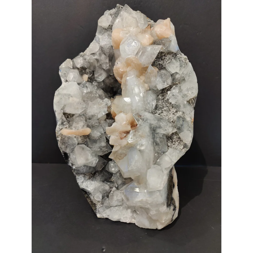 Clear apophyllite with peach stilbite geode specimen, 7825g