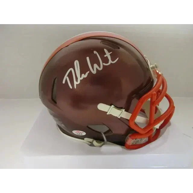 Brown Cleveland Browns signed autographed mini helmet with orange facemask and white autograph