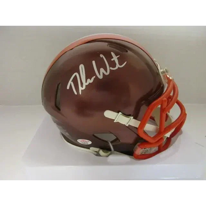 Brown Cleveland Browns signed autographed mini helmet with orange facemask and white autograph