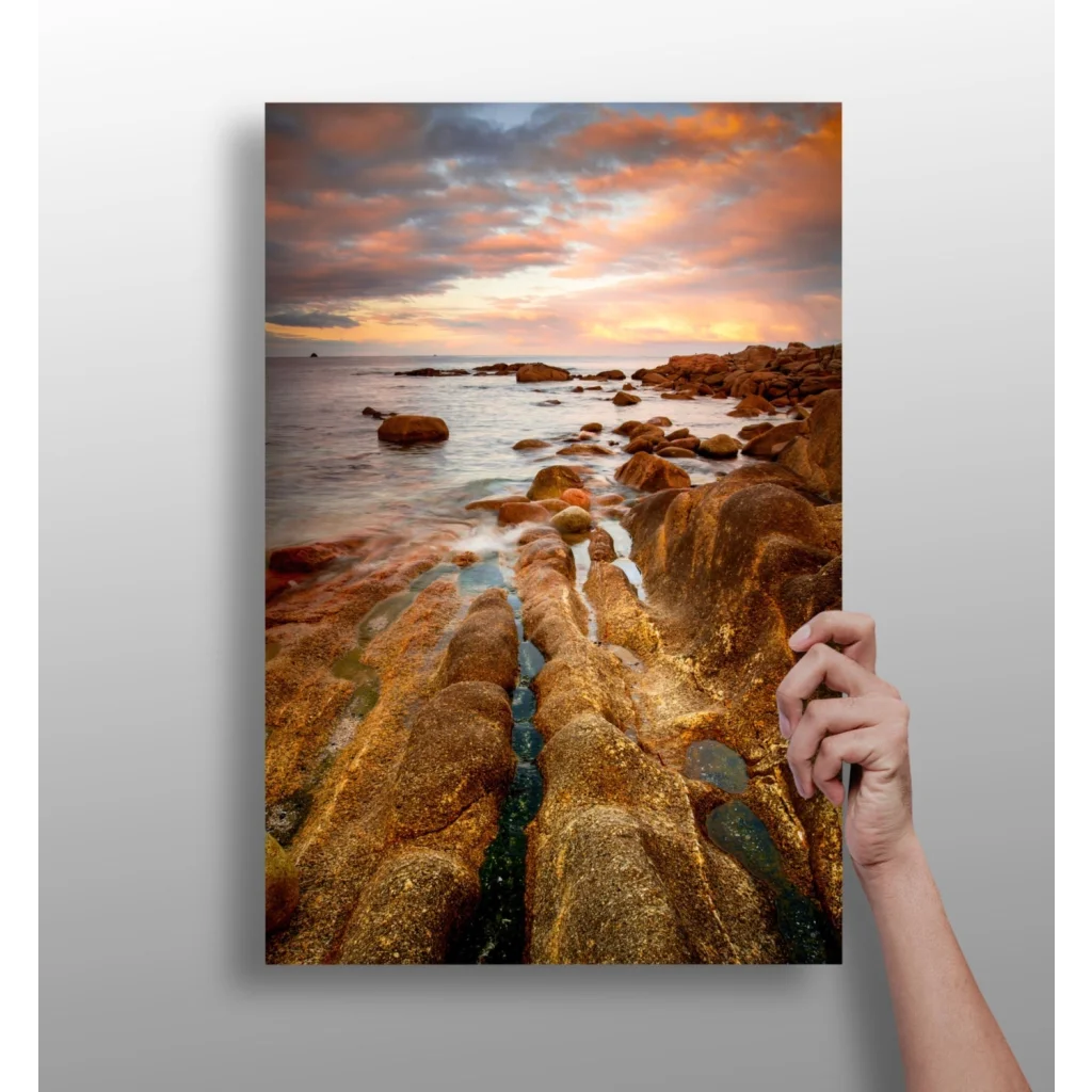 Stunning coastal sunset on insigne aluminum prints with golden rocks