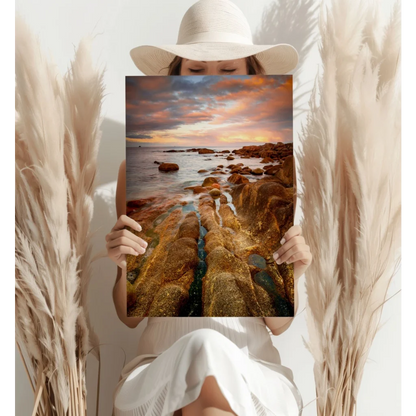 Vibrant sunset over rocky shoreline on Insigne aluminum print