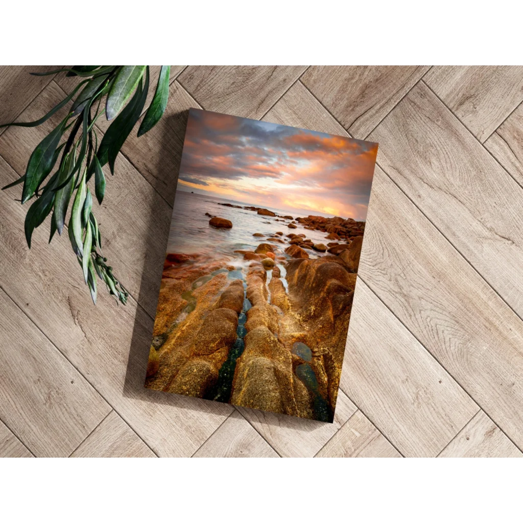 Serene coastal sunset on insigne aluminum print for home