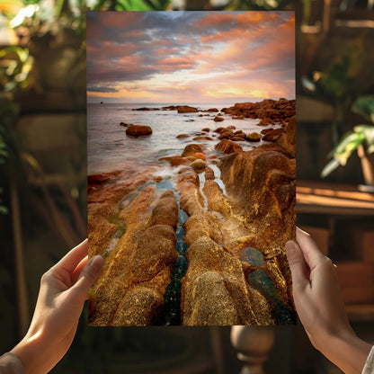 Stunning coastal sunset insigne aluminum print with golden rocks and turquoise water