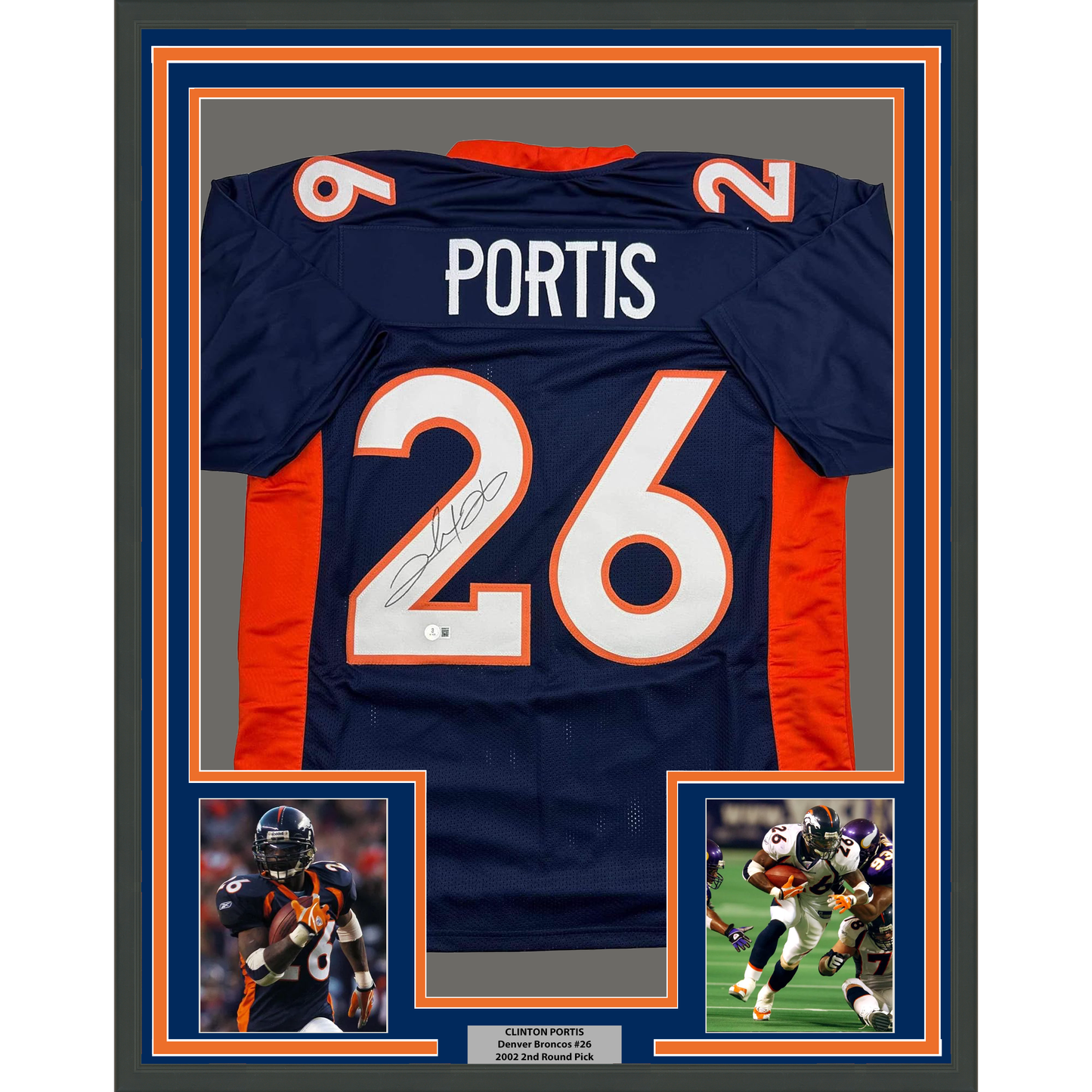 Framed Autographed/Signed Clinton Portis 35x39 Denver Blue Football Jersey Beckett BAS COA