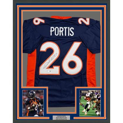 Framed Autographed/Signed Clinton Portis 35x39 Denver Blue Football Jersey Beckett BAS COA