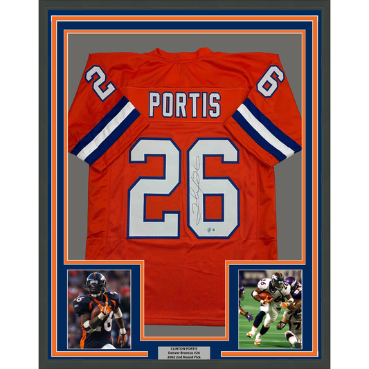 Framed Autographed/Signed Clinton Portis 35x39 Denver Retro Orange Football Jersey Beckett BAS COA