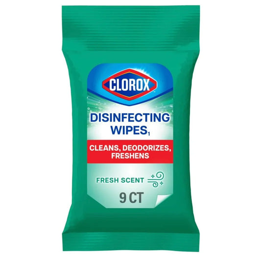 Clorox disinfecting wipes on the go bleach free travel wipes 9 count green fresh scent package
