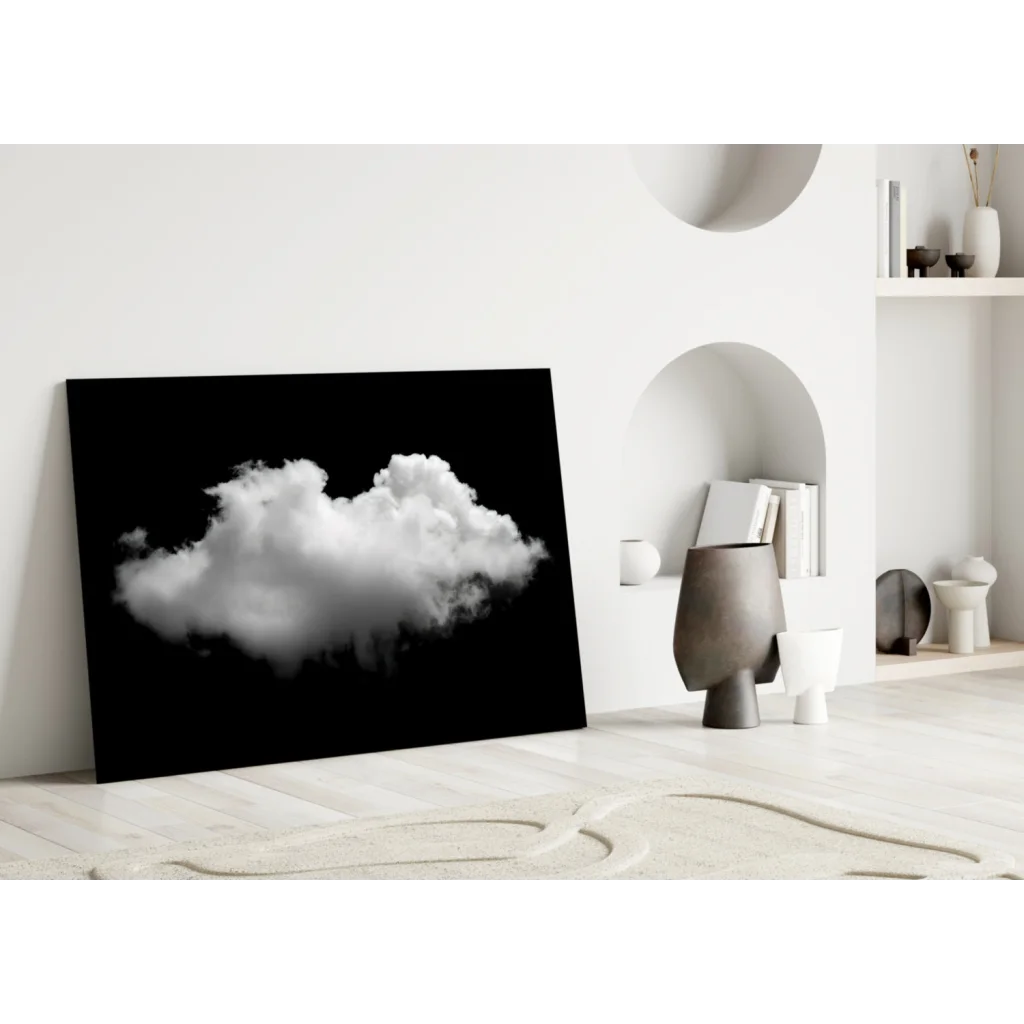 Monochrome cloud print on black canvas glass wall art panel