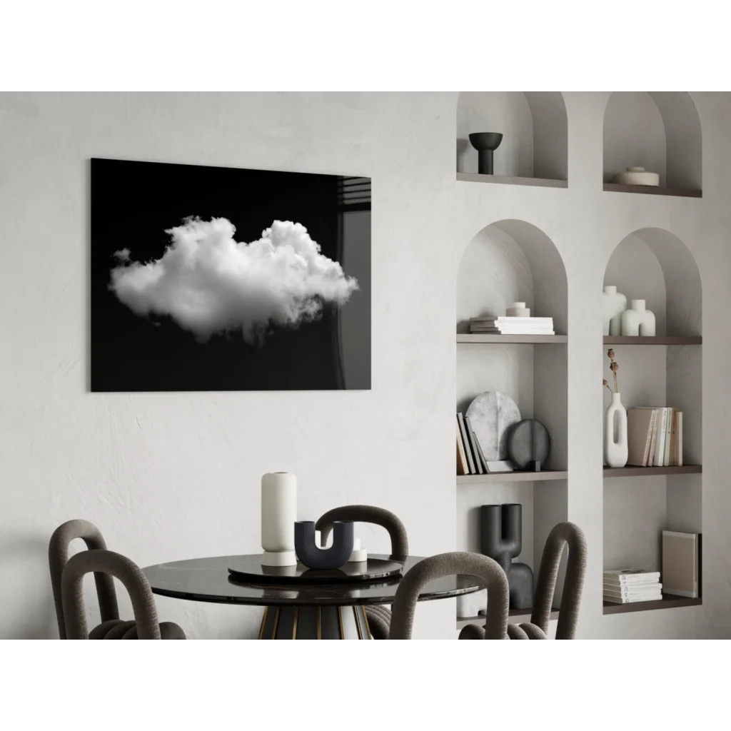 Stunning monochrome cloud glass wall art panel on modern wall