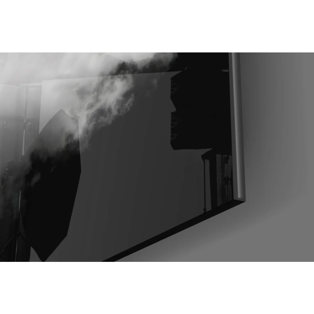 Grayscale smoke rising from angular structure on black TV in monochrome glass wall art