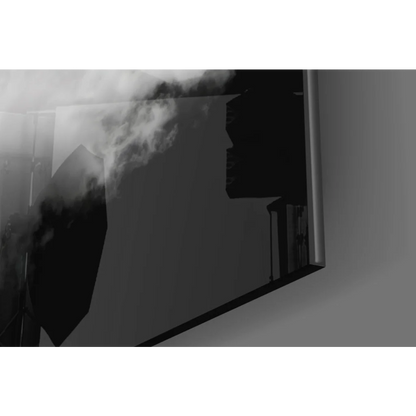 Grayscale smoke rising from angular structure on black TV in monochrome glass wall art