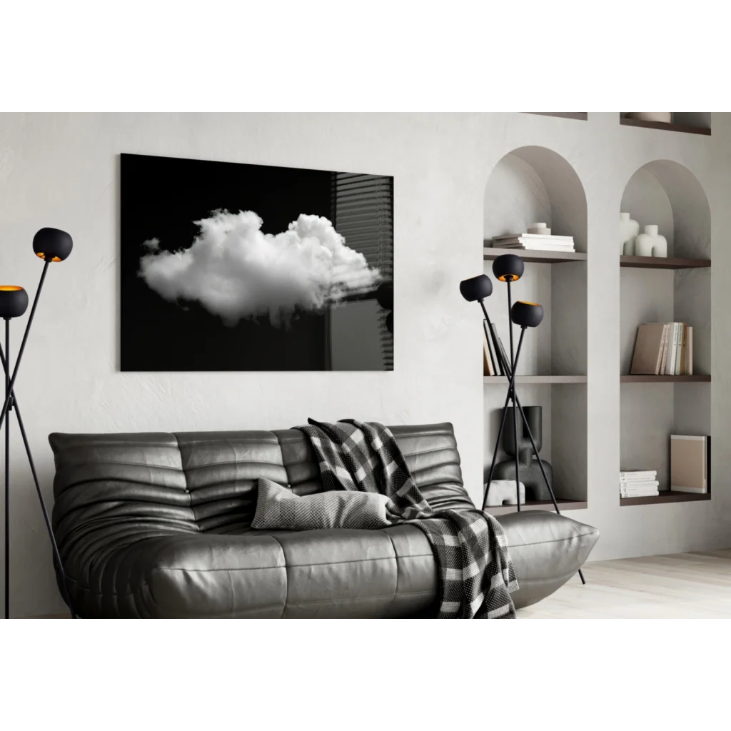 Stunning monochrome cloud glass wall art panel on wall