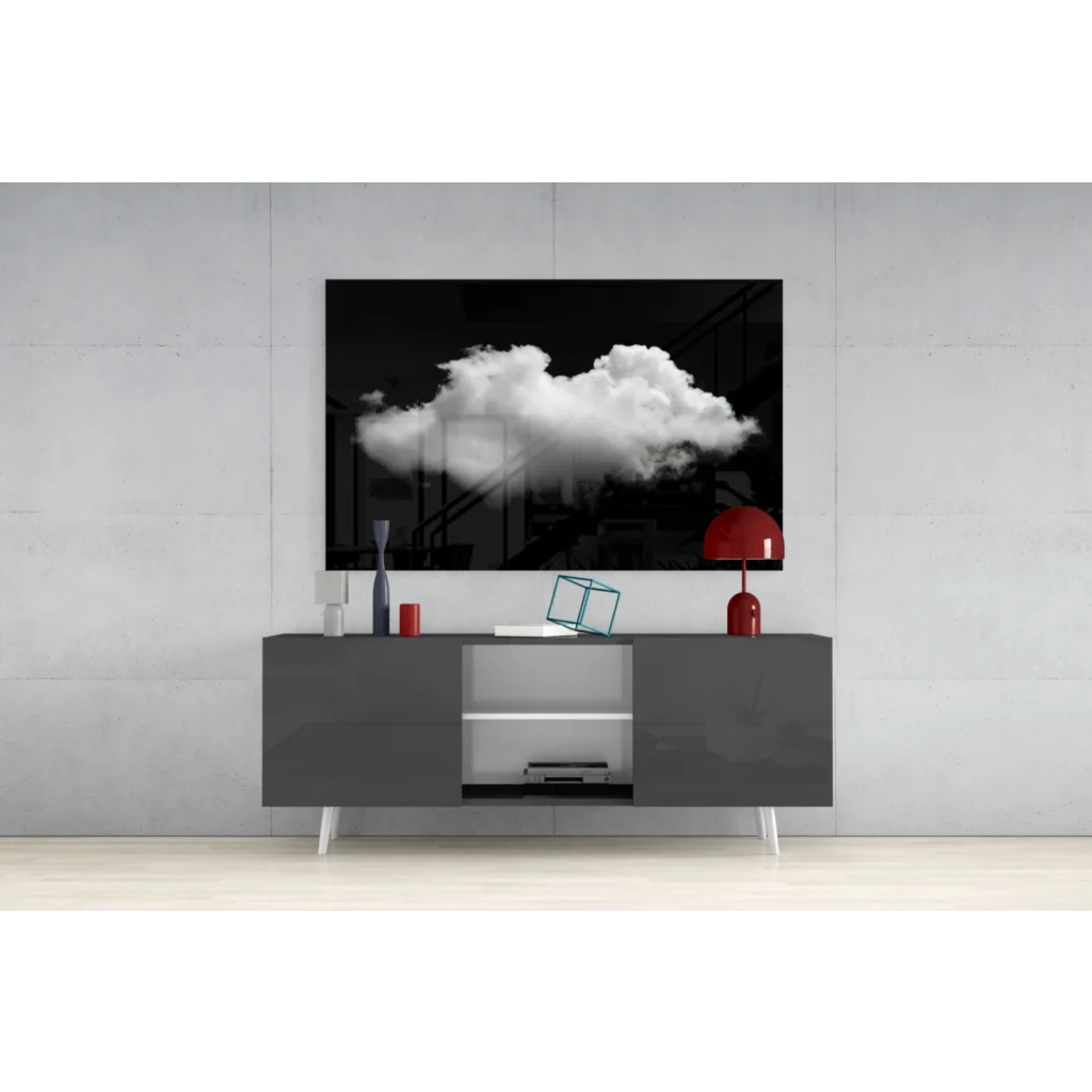 Monochrome cloud glass wall art panel on gray console table