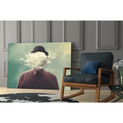 Surreal bowler hat man with cloud head wall art canvas print