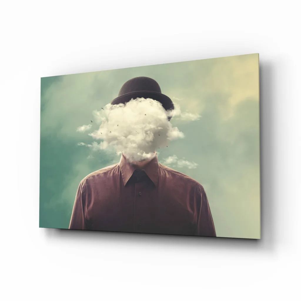 Surreal Bowler Hat Cloud Face Canvas Wall Art Print | Insigneart USA | vintageantiquesgifts.com