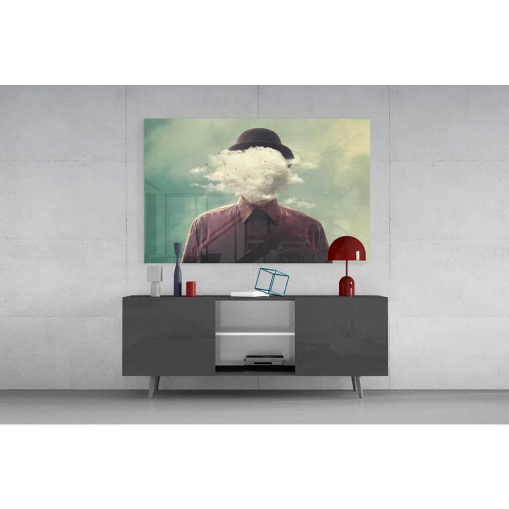 Surreal bowler hat cloud face wall art canvas print