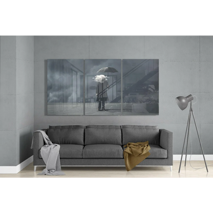 Gray glass wall art triptych of rainy urban figure with umbrella