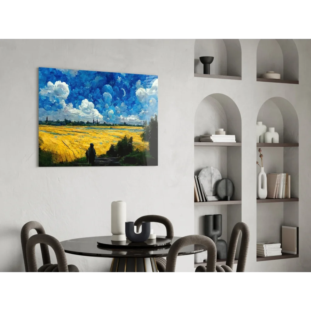 Vibrant blue and gold glass wall art of solitary figure in golden fields under dramatic skies