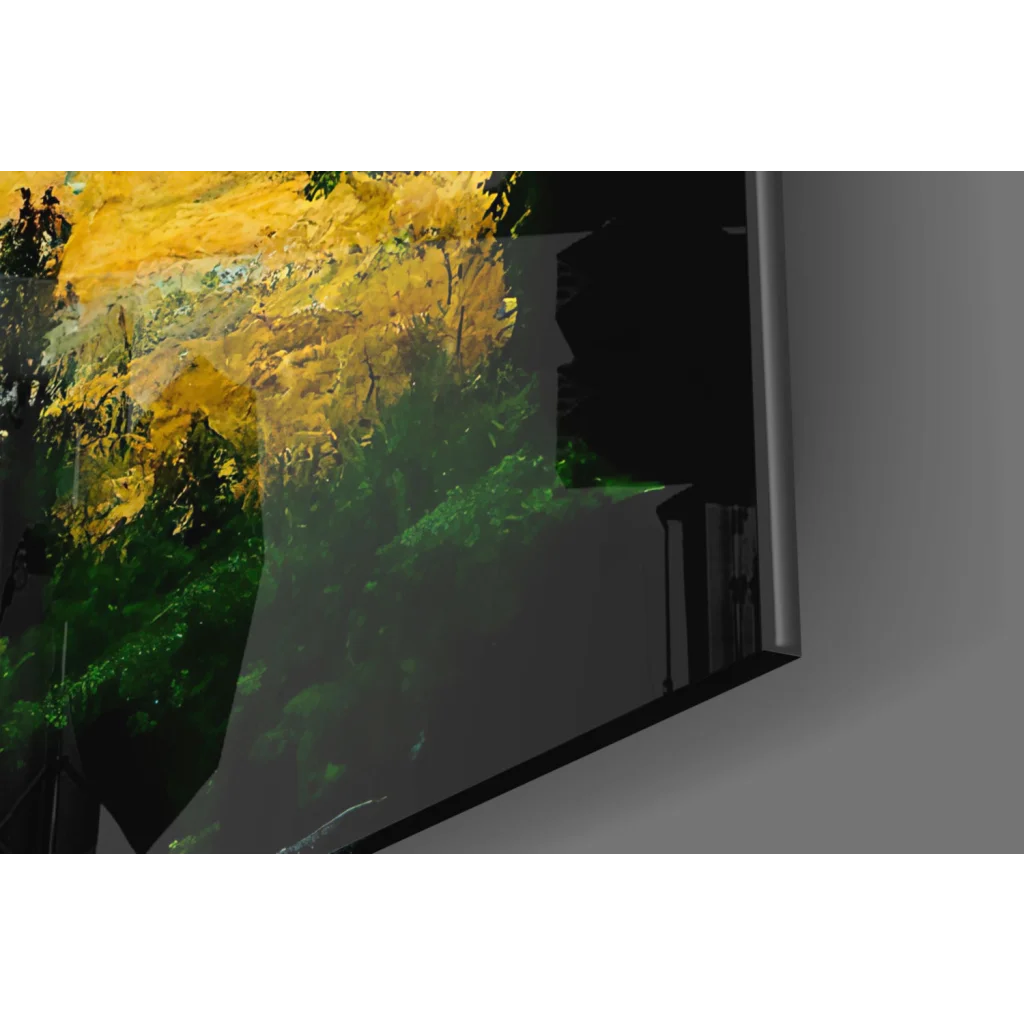 Vibrant yellow green glass wall art on sleek flat-screen TV