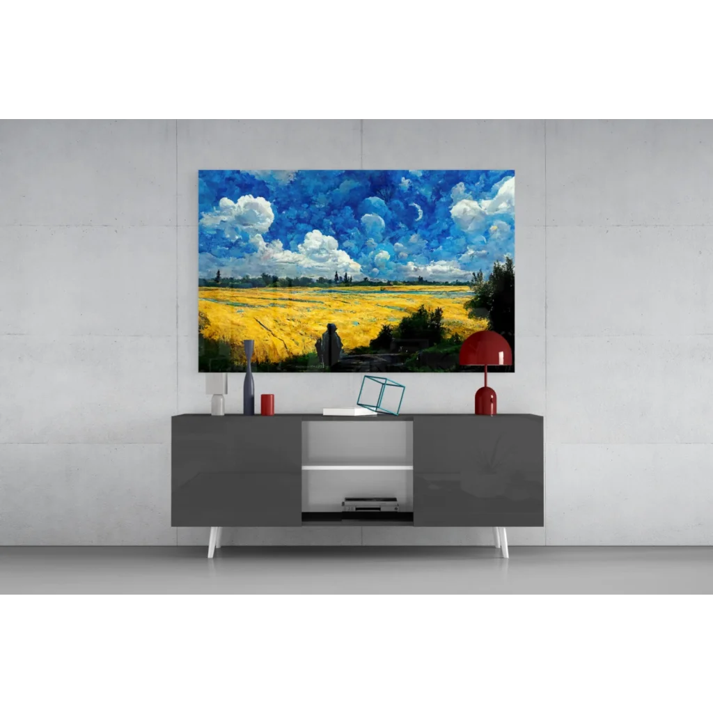 Vibrant blue and yellow abstract glass wall art of sky and golden field