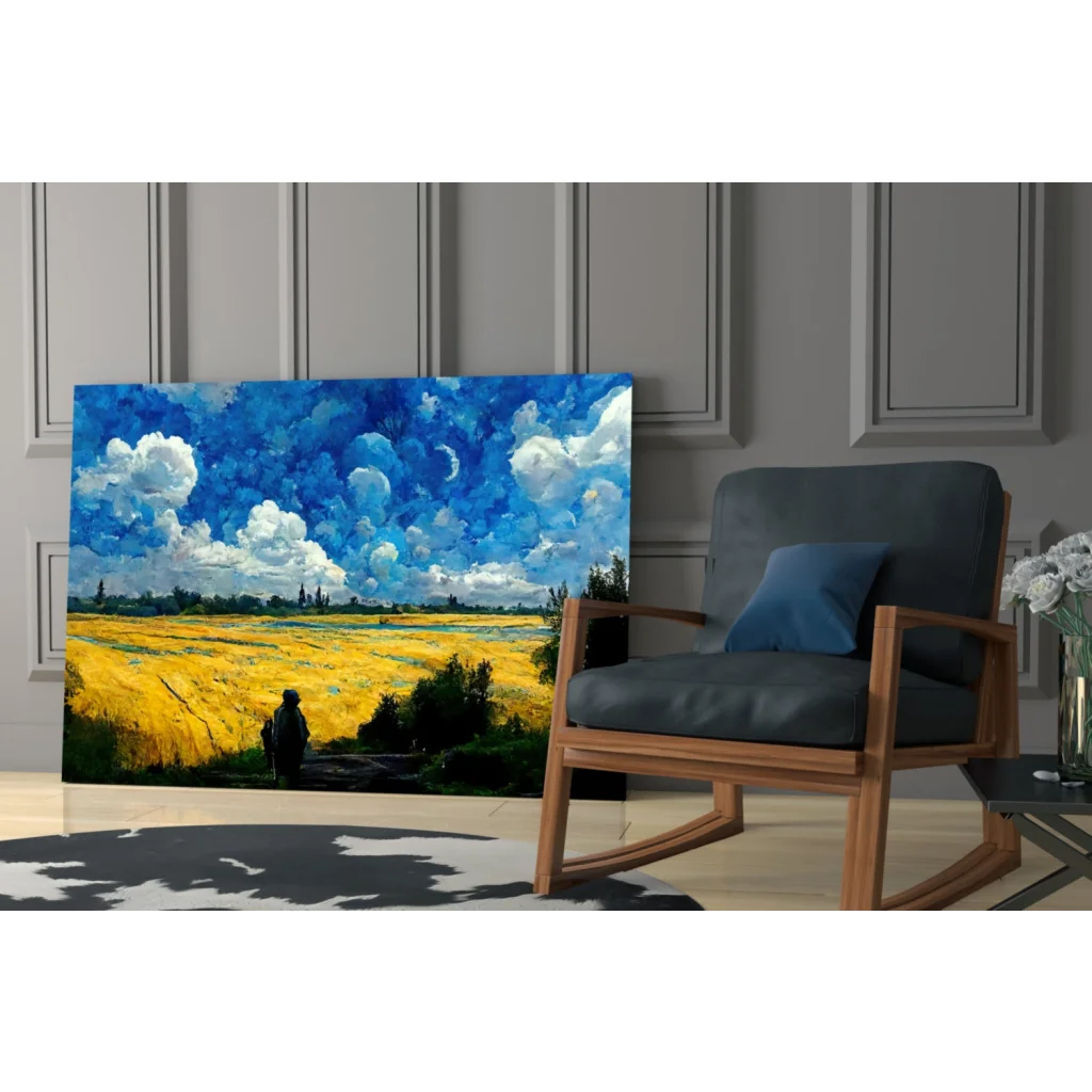 Vibrant blue yellow glass wall art of golden field under dynamic sky