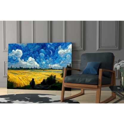 Vibrant blue yellow glass wall art of golden field under dynamic sky