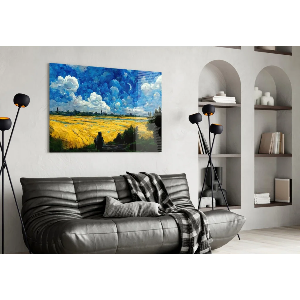 Stunning Sky and Golden Field Glass Wall Art Panel | Contemporary Home Wall Art | vintageantiquesgifts.com