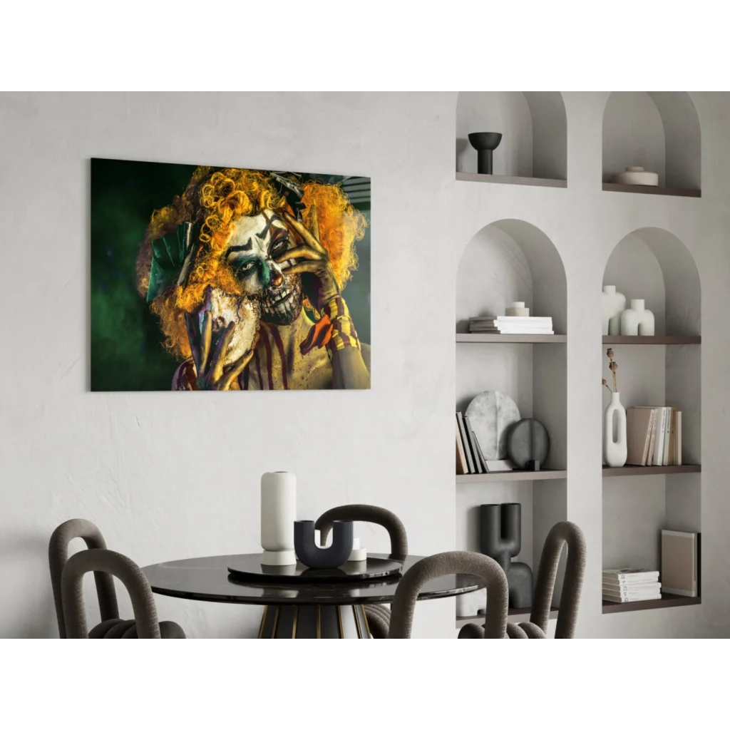 Vibrant menacing clown skull wall art canvas with fiery orange hair