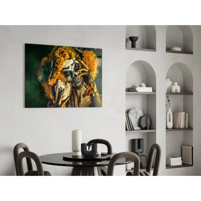Vibrant menacing clown skull wall art canvas with fiery orange hair