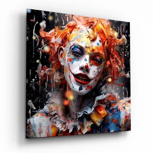 Vibrant clown tempered glass art with bold orange blue splatters