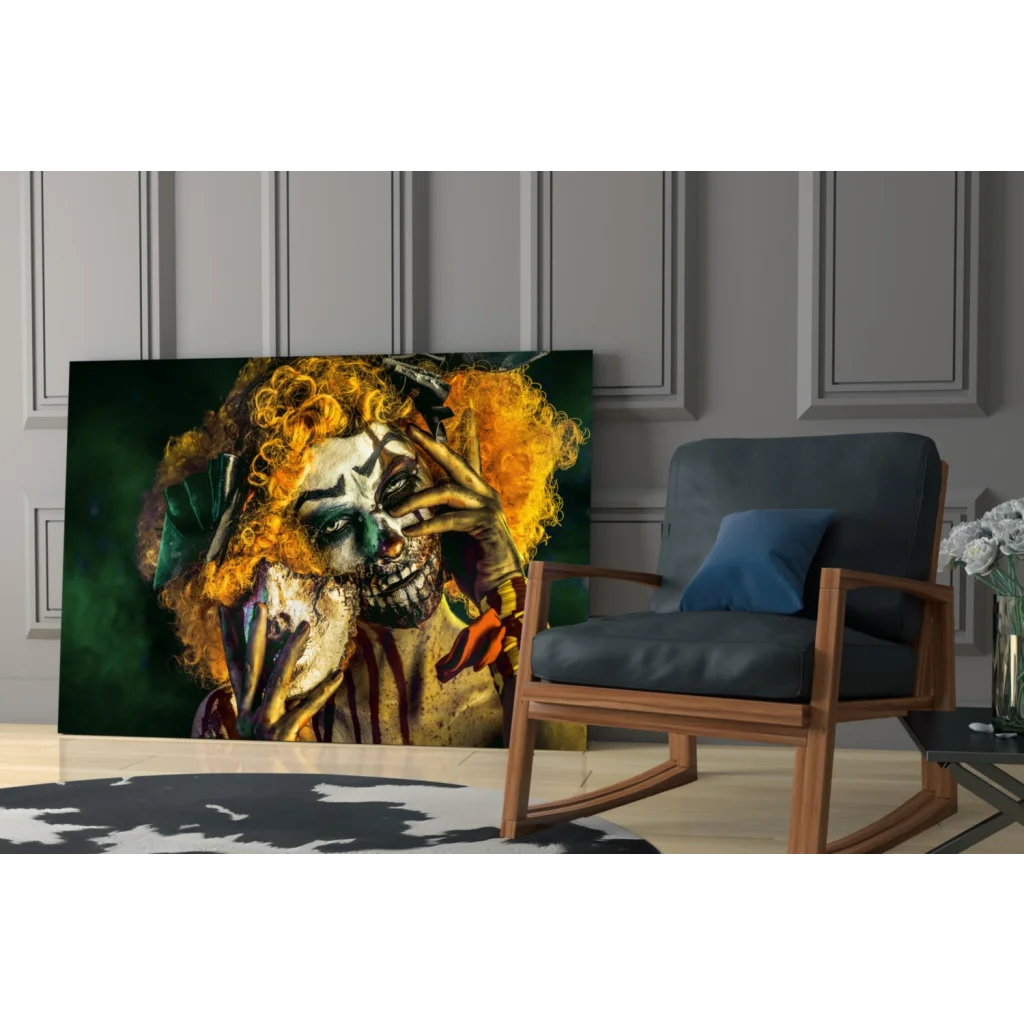 Menacing clown wall art canvas with fiery orange hair and skull makeup