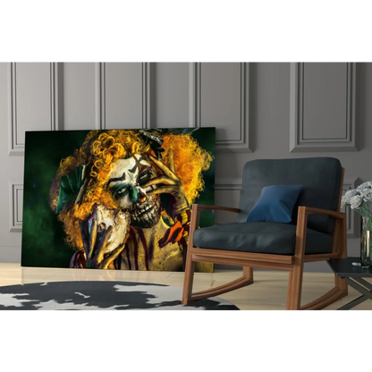 Menacing clown wall art canvas with fiery orange hair and skull makeup
