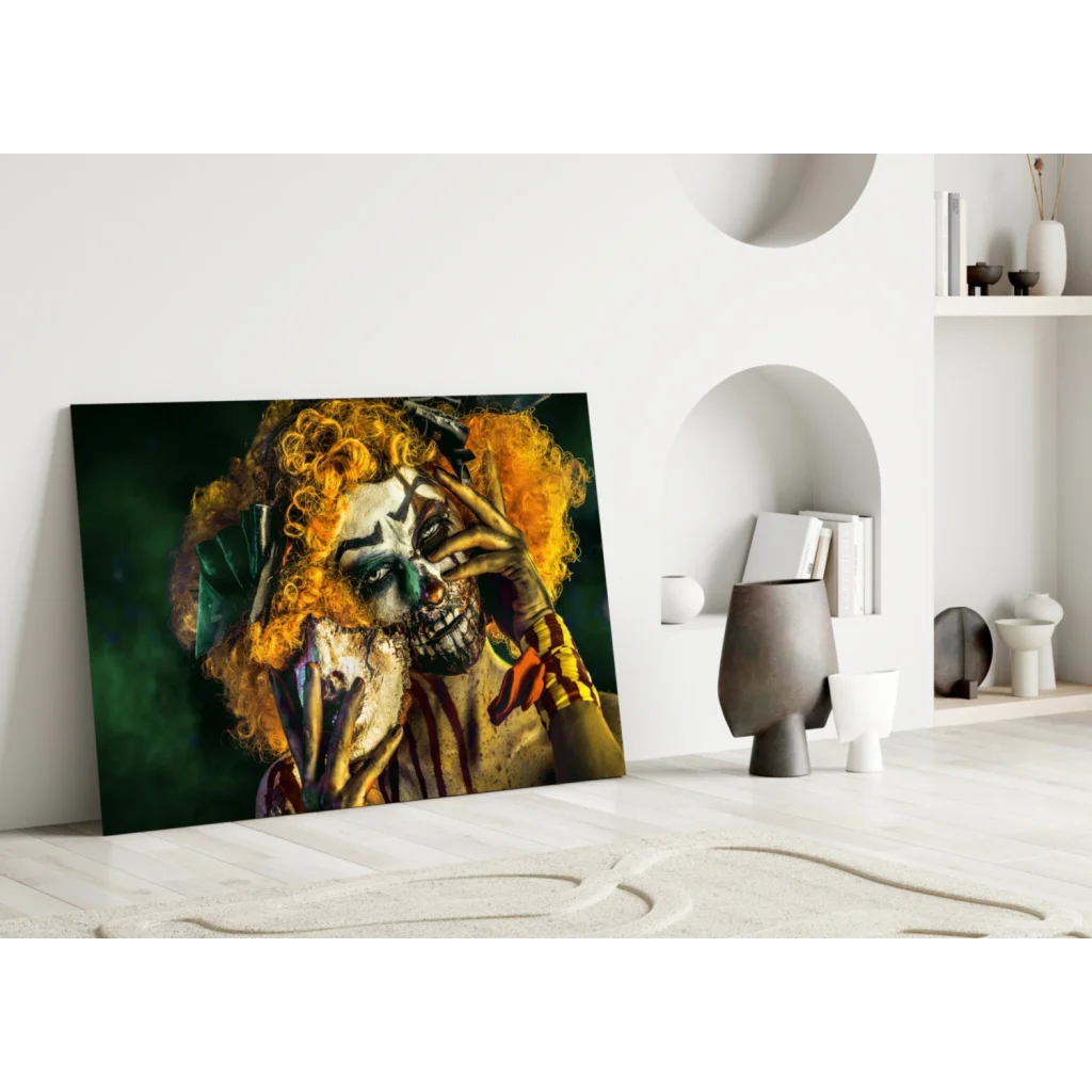Menacing Clown Canvas Wall Art with Fiery Orange Hair | Modern Wall Art Decor | vintageantiquesgifts.com