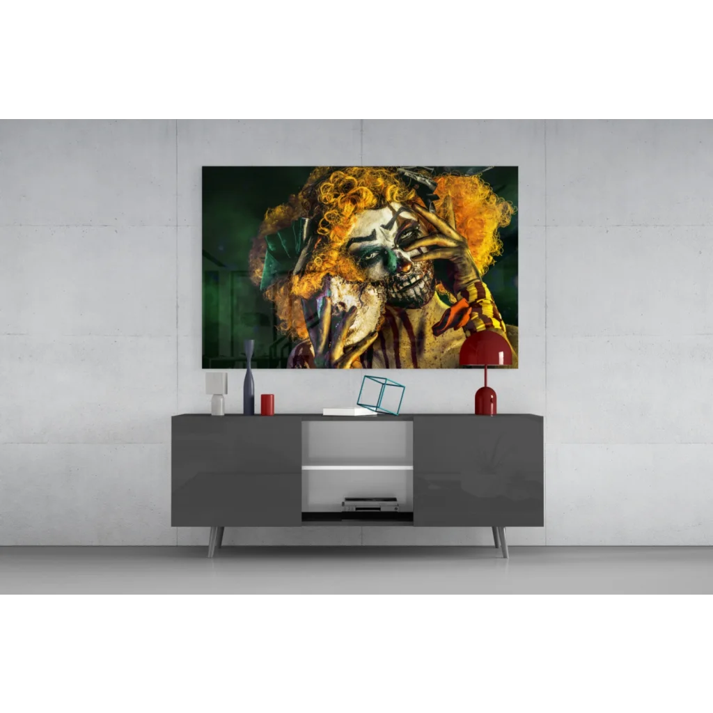 Fiery orange curly-haired menacing clown skull in abstract wall art