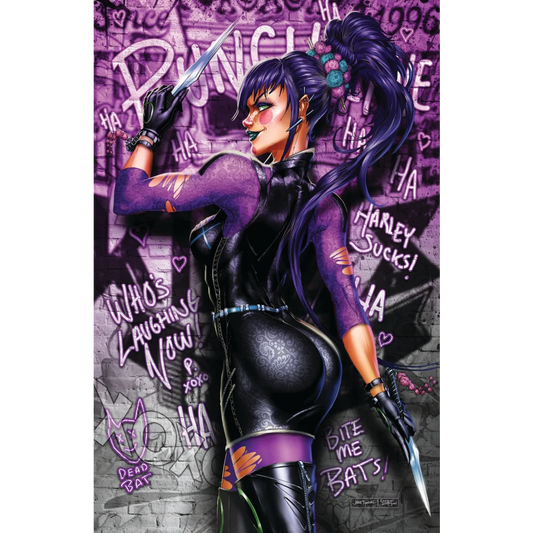 Purple-haired Clown Princess Virgin tattooed heroine with knives in leather outfit