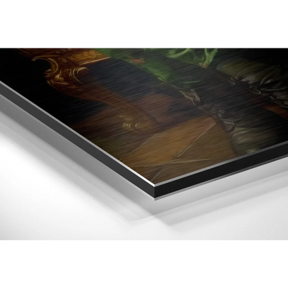 Joker portrait on brushed aluminium dibond print in gold green tones