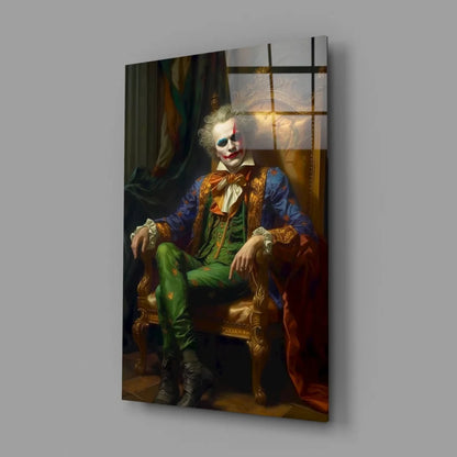 Regal Joker glass wall art portrait in ornate blue suit on golden throne
