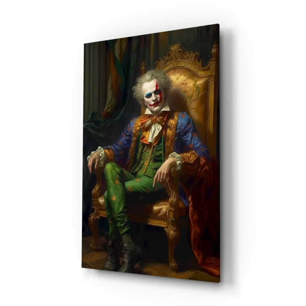Regal Joker in ornate golden throne glass wall art portrait