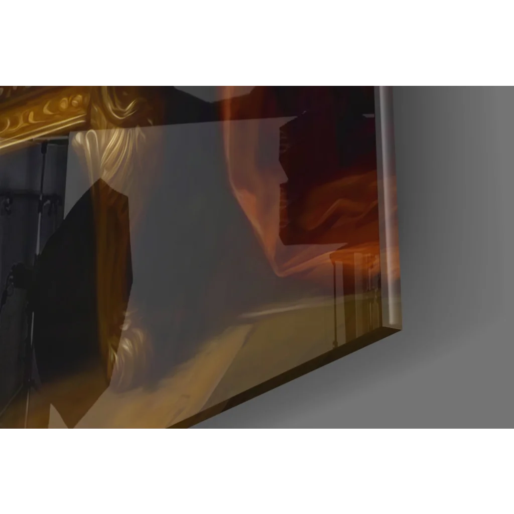 Regal Joker glass wall art portrait on golden throne with ornate abstract orange red frame