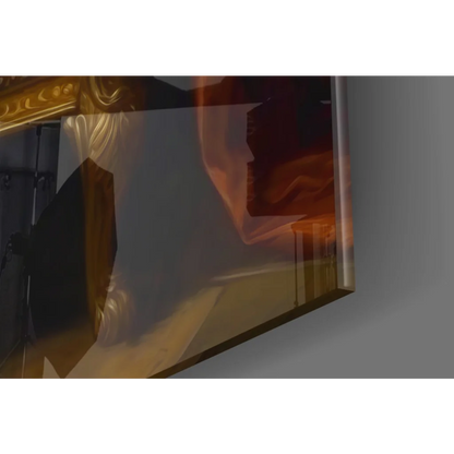 Regal Joker glass wall art portrait on golden throne with ornate abstract orange red frame