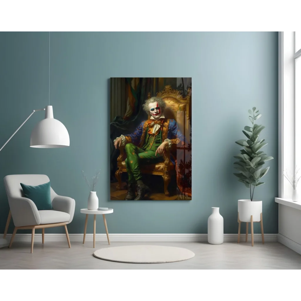 Regal Joker glass wall art: clown on golden throne in vibrant attire